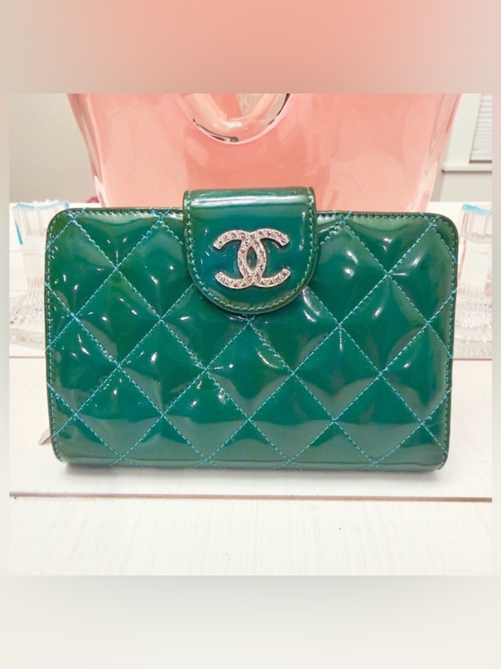Chanel Green Patent Leather Blue Lambskin Wallet